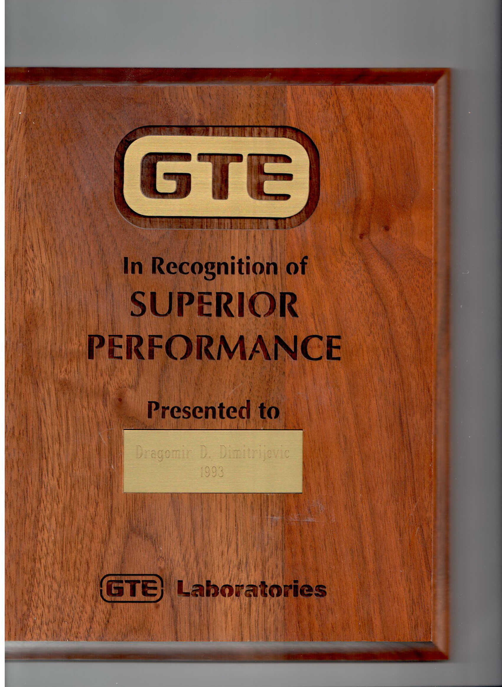 Image of GTE Laboratories Performance Recognition Award